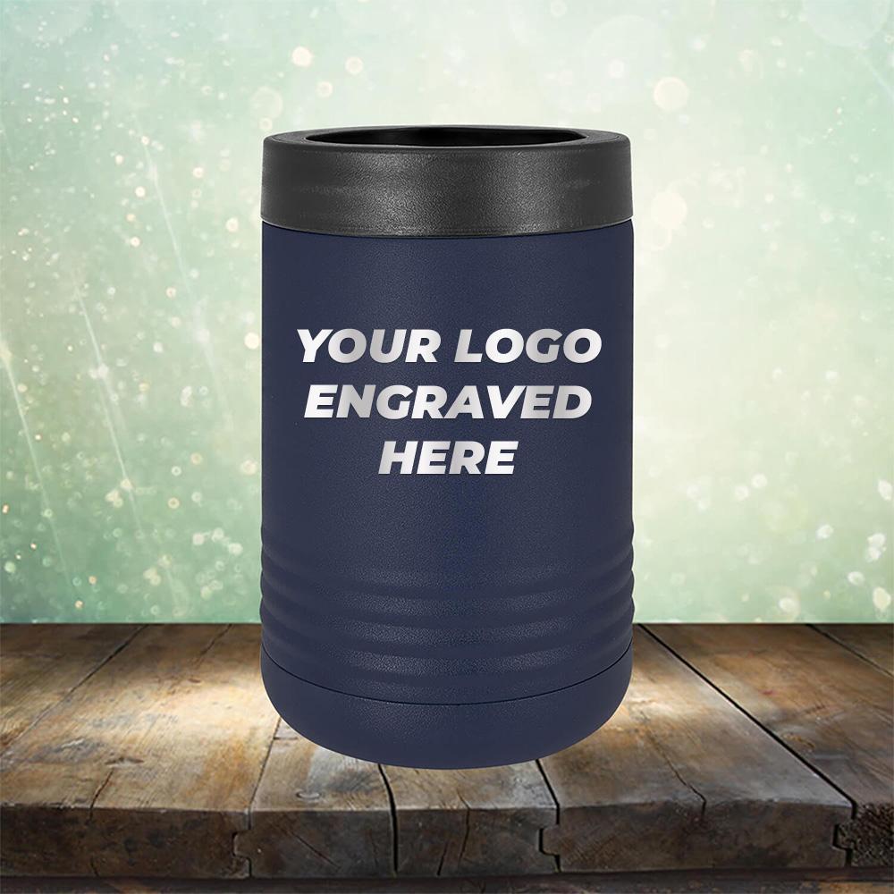 Custom can holder with business logo laser engraved branded koozie navy