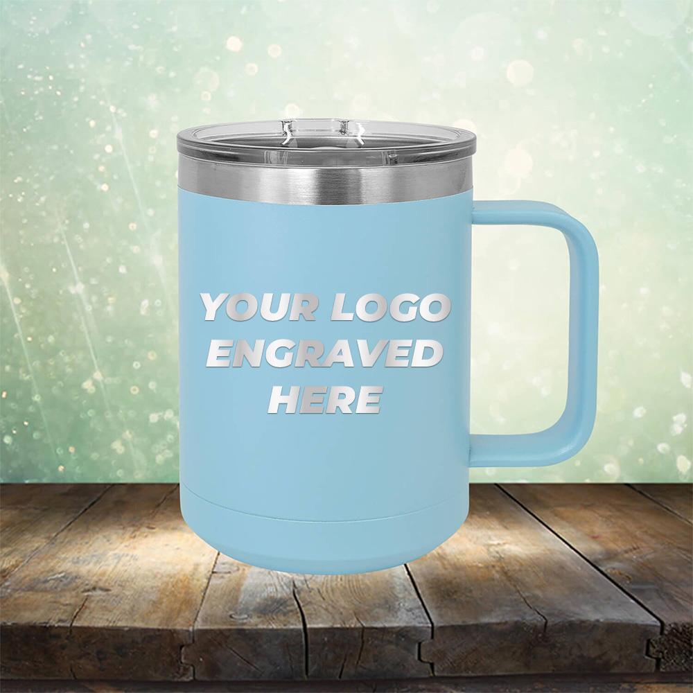 Custom coffee mug with business logo laser engraved branded 15oz with handle baby blue