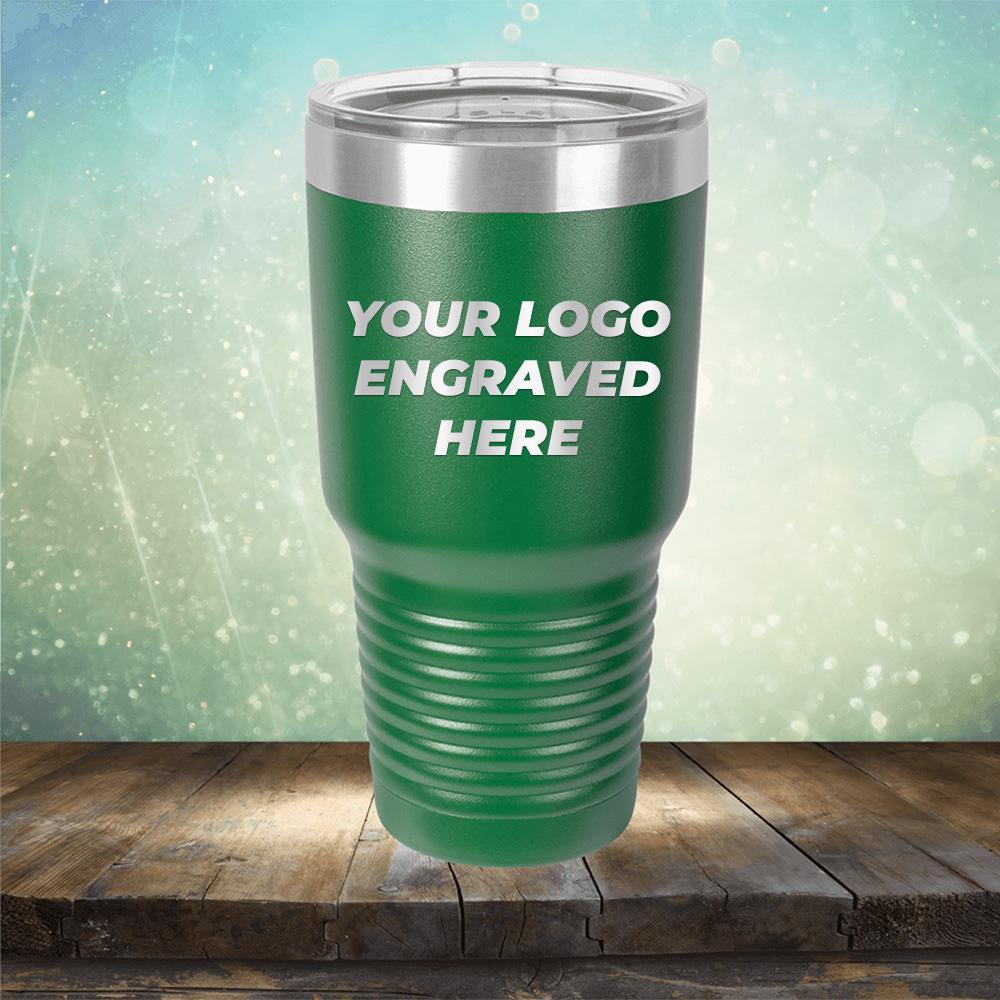 Custom tumbler with business logo laser engraved branded 30oz mug with lid green