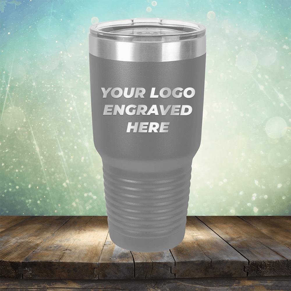 Custom tumbler with business logo laser engraved branded 30oz mug with lid grey