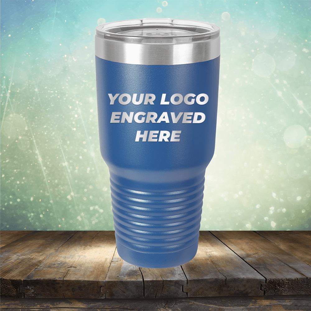 Custom tumbler with business logo laser engraved branded 30oz mug with lid royal blue