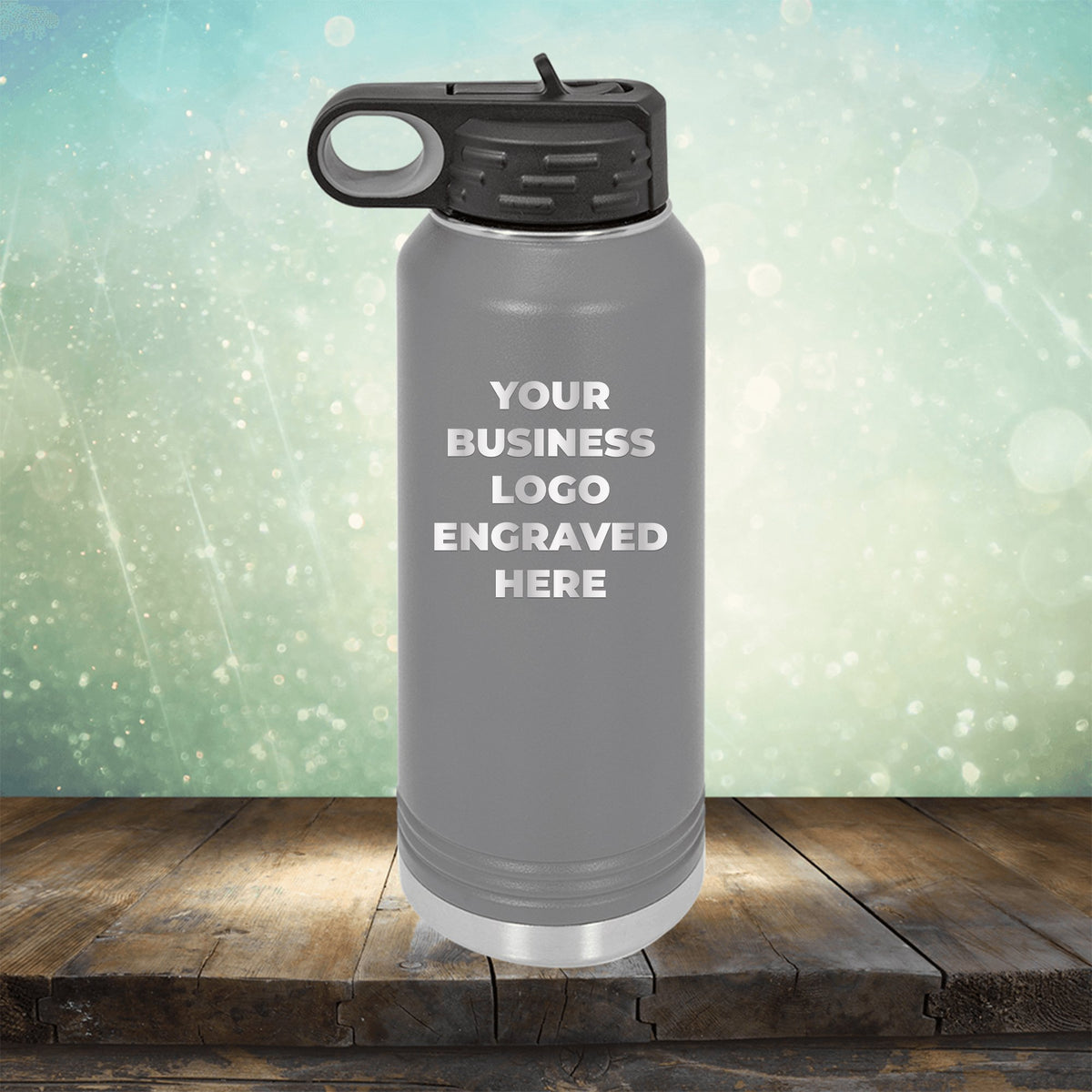 Custom water bottles with business logo laser engraved branded flip top straw 32oz bottle grey