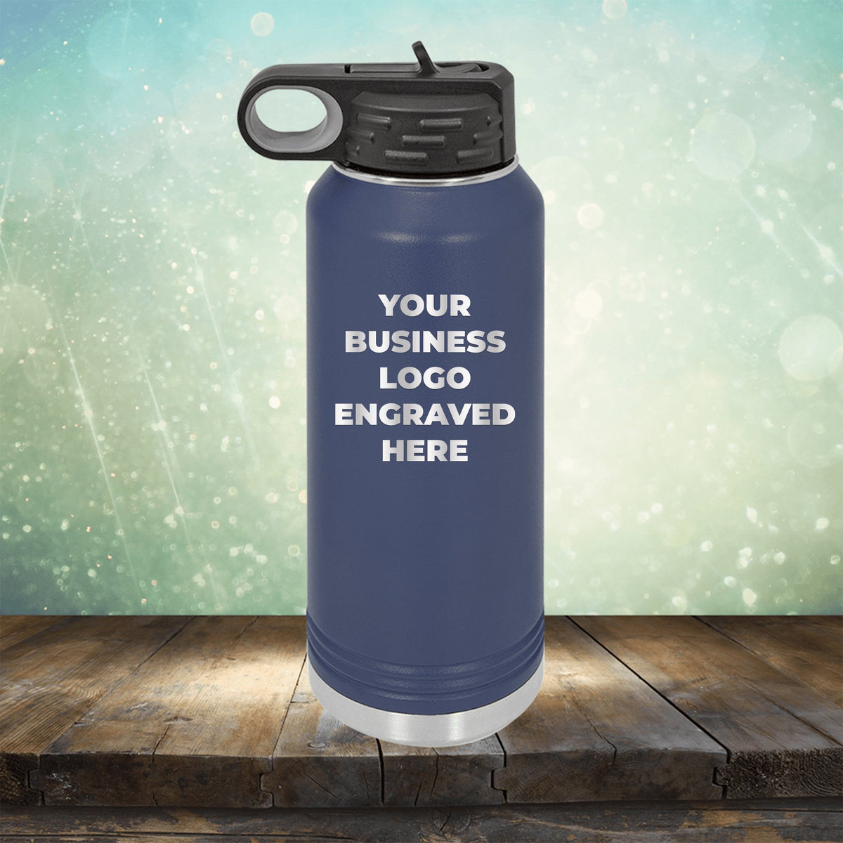 Custom water bottles with business logo laser engraved branded flip top straw 32oz bottle navy